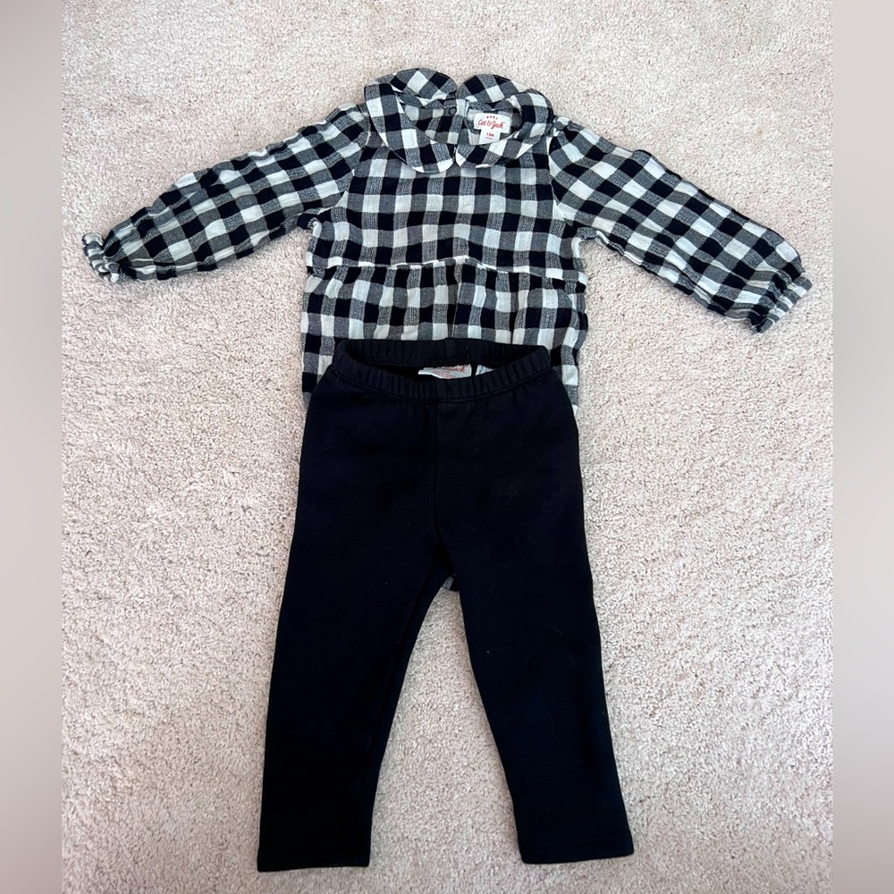 Cat and Jack Two Piece Black and White Outfit, Size 12 months- Pants and Onesie